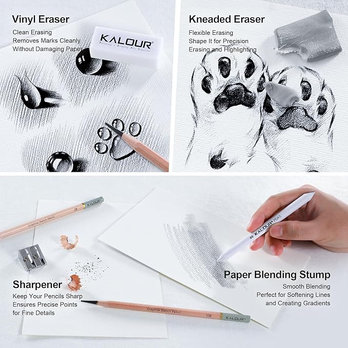 KALOUR 18-Piece Professional Sketch Pencil Set - Includes 5H to 14B Pencils, Vinyl Eraser, Kneaded Eraser,Sharpener and Paper Blending Stump - Ideal for Artists and Beginners