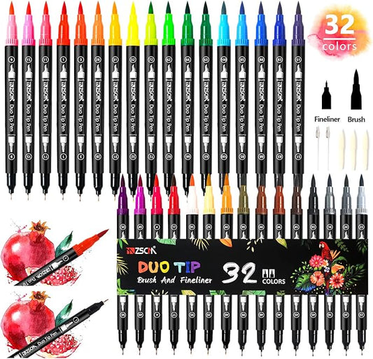 ZSCM 32 Colors Duo Tip Brush Markers Art Pen Set, Artist Fine and Brush Tip Colored Pens, for Adult Coloring Books Christmas Cards Drawing, Note taking Lettering Calligraphy Journaling