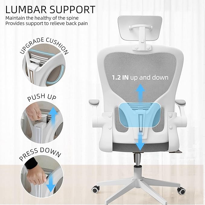 Ergonomic Office Chair, High-Back Mesh Computer Desk Chair with Adjustable Height, Lumbar Support, Flip-Up Armrests,headrest,and Swivel Rolling Design for Home and Office Use