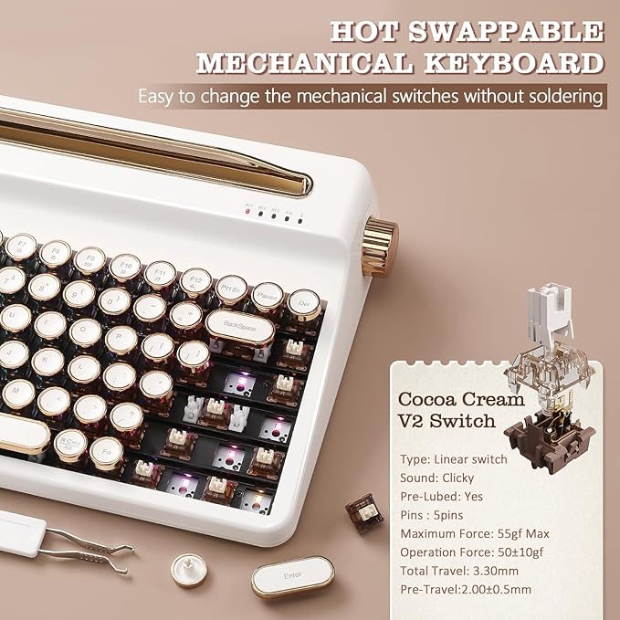 YUNZII QL75 Wireless Typewriter Hot Swap Retro Mechanical Keyboard,Punk Round Keycaps,RGB Backlit QMK/VIA Programmable, Multi-Device Keyboard with 2.4GHz/Type-C/BT5.0 (White, Cocoa Cream V2 Switch)