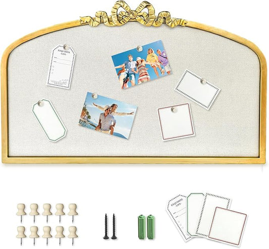 Vintage Arched Linen Cork Board with Gold Bowknot – Decorative Bulletin Board for Walls, Iron Frame Pin Board for Notes, Photos & Reminders, Elegant Vision Board for Home & Office 24"x 15"