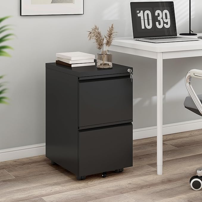 YITAHOME 2 Drawer File Cabinet with Lock, Mobile Metal Filing Cabinet for Letters/Legal/A4 Size, Home Office & Business Enterprise, Fully Assembled Except Wheels, Black