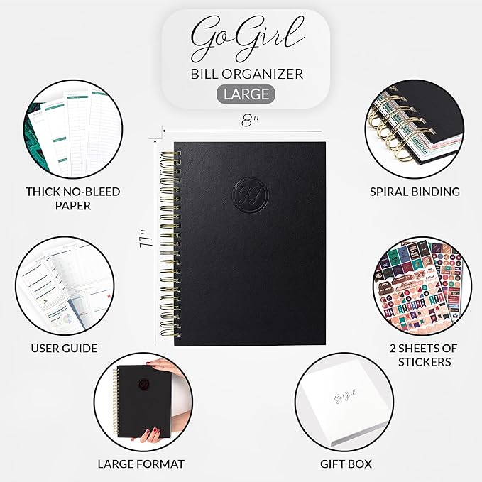 GoGirl Budget Planner & Monthly Bill Organizer – Monthly Financial Book with Pockets. Expense Tracker Notebook Journal, Large (Black)