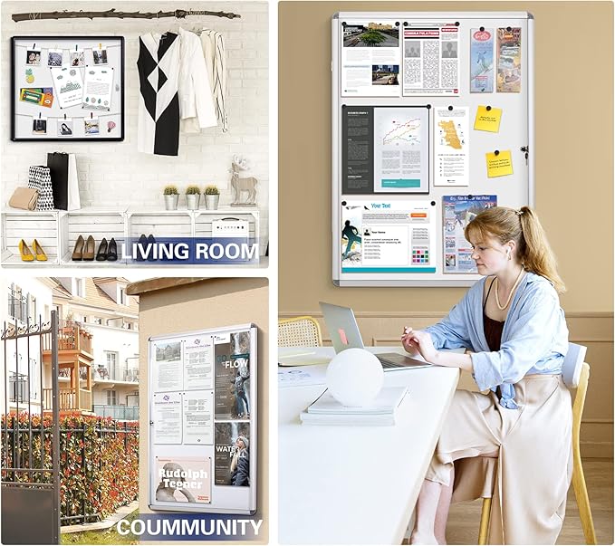 SWANCROWN Locking Bulletin Boards Enclosed Noticeboard White Glass Message Boards Indoor for School Office 38x38 inches (12xA4)