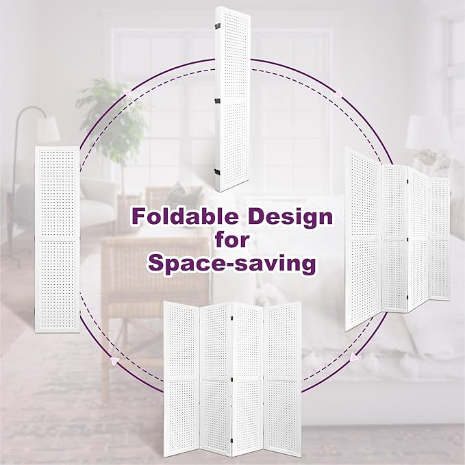 Room Divider, 5.6FT Folding Room Divider Panel, 4 Panel Pegboard Display Wood Partition Wall Divider for Room Separation& Craft Shows, White