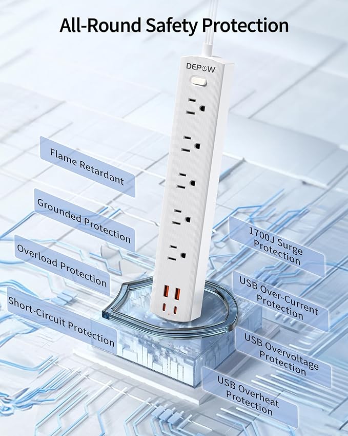 10 Ft Ultra Thin Extension Cord, 5-Outlet Power Strip Surge Protector with 4 USB Ports (2 USB C), 1875W/15A, Low Profile Flat Plug, 1700 Joules, Wall Mount for Home Office, White