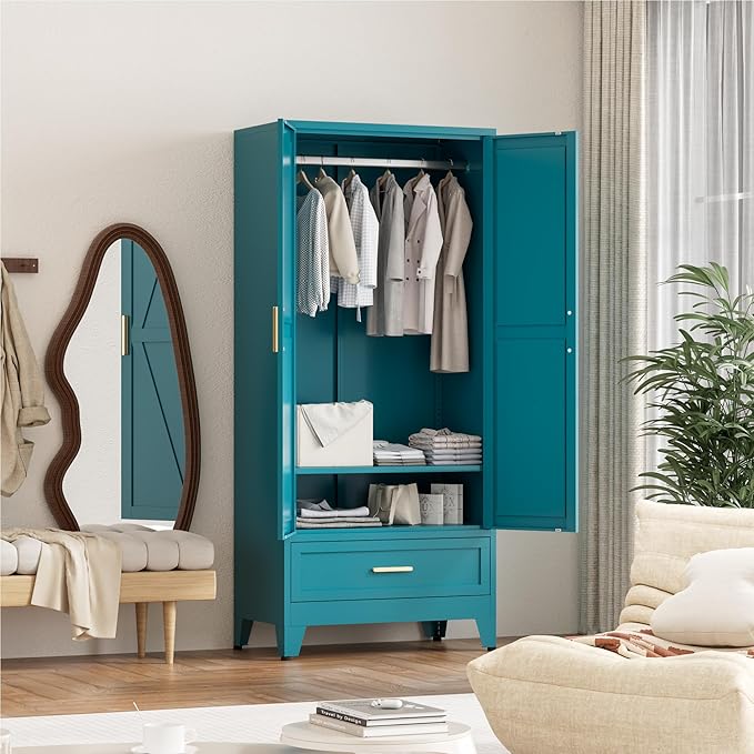 71'' Farmhouse Metal Wardrobe Cabinet with Hanging Rod, 2 Barn Door Wardrobe Closet with Adjustable Shelves,Drawer,for Dining Room,Bedroom,Living Room, Cloak Room,Office (Peacock Blue)