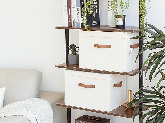 StorageWorks Fabric Storage Bins with Lid, Decorative Storage Boxes for Shelves, Stackable Closet Organizer Basket with Handles, Jumbo, Ivory White, 2-Pack