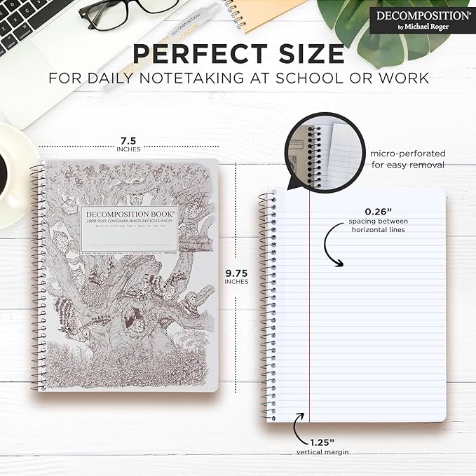Decomposition Screech Owls College Ruled Spiral Notebook - 9.75 x 7.5 Journal with 160 Lined Pages - 100% Recycled Paper - Cute Notebooks for School Supplies, Home & Office - Made in USA