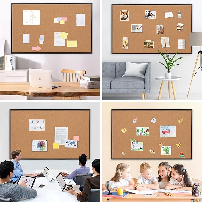 Board2by Extra Large Cork Bulletin Board 60" X 36", Black Wood Framed 5'x3' Corkboard for Wall, Wall Mounted Notice Pin Board with 18 Push Pins for School, Home & Office