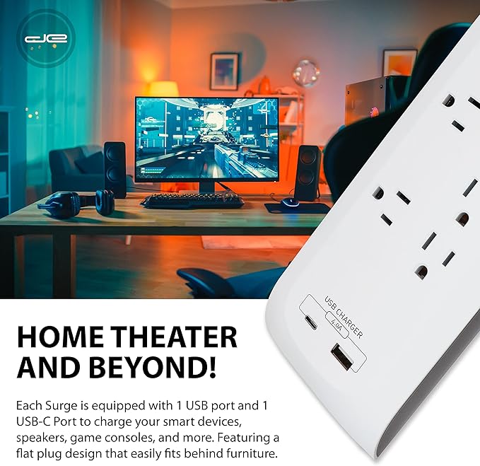 Digital Energy 25 FT USB-C and USB-A 8 Outlet 4200 Joules Surge Protector Power Strip, 3 Wide Spaced Outlets, White