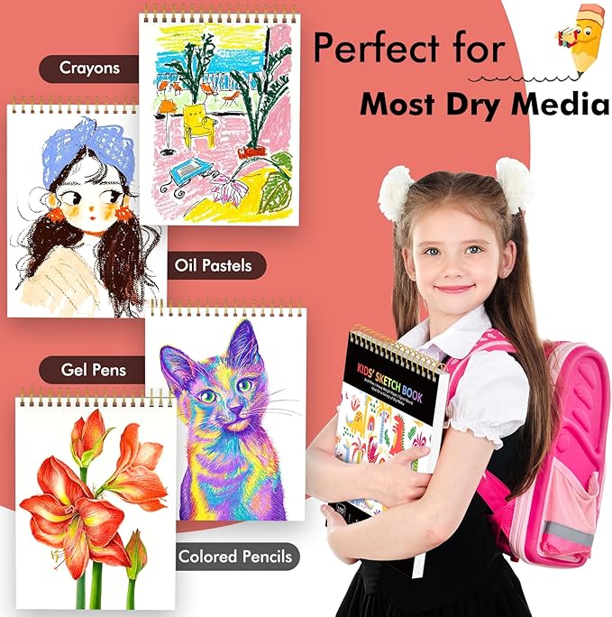 Soucolor 9" x 12" Kids Sketch Book, 100 Sheets Spiral Bound Art Sketchbook, Acid Free Artist Drawing Book Paper, Art Supplies for Adults, Craft Activities, Sketch Paper for Drawing Coloring Sketching