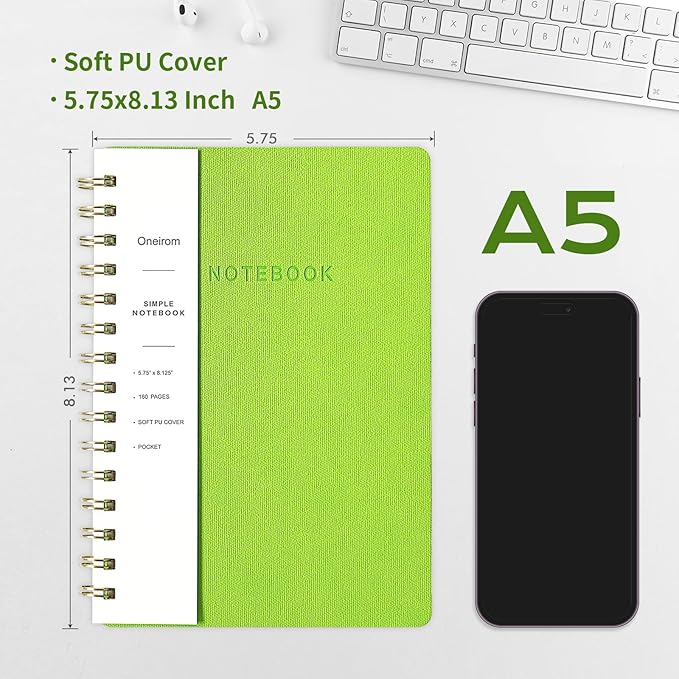 Lined Spiral Notebook College Ruled A5 Journal Book for Note Taking, 160 Pages Writing Journal for Office and Home School Supplies 5.75x8.125 inch (0Light Green-1)