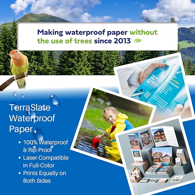 TerraSlate Premium Waterproof Paper, 5 MIL 8.5” x 11”, Laser Printer & Copy Machine Compatible, Durable & Rain/Weather-Proof Copy Paper, White Paper (100 Sheets)