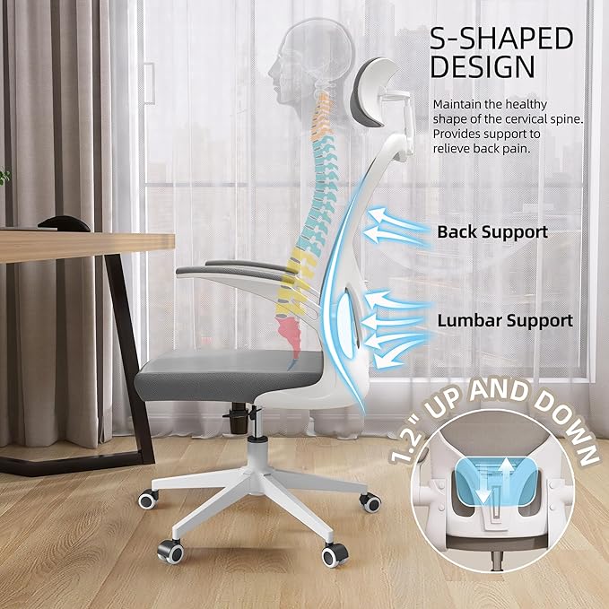 Ergonomic Office Chair, High-Back Mesh Computer Desk Chair with Adjustable Height, Lumbar Support, Flip-Up Armrests,headrest,and Swivel Rolling Design for Home and Office Use