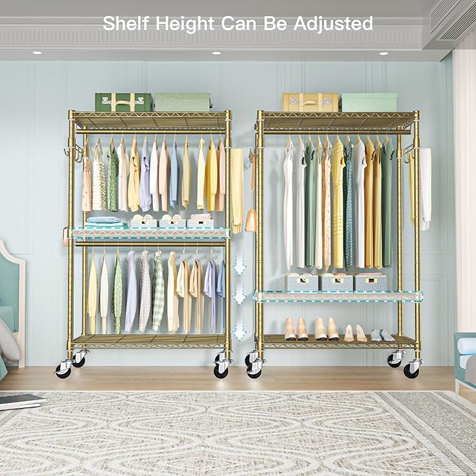 P1 Rolling Clothes Rack, Movable Metal Garment Closet Organizer with Lockable Wheels, Clothing Wardrobe with Double Hanger Rods and Hooks, 35.4" W x 15.7" D x 80.5" H, Load 450lbs, Gold