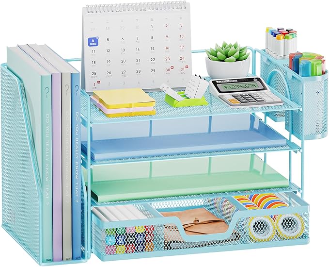 Marbrasse Desk Organizer and Accessories,4-Tier Paper Letter Tray Organizer with File Holder, Desk Accessories & Workspace Organizers with Drawer and 2 Pen Holder (Blue, 15.4" x 9.1" x 8.3")