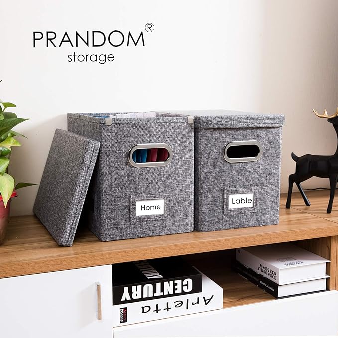 PRANDOM File Organizer Box - Set of 2 Collapsible Decorative Linen Filing Storage Hanging File Folders with Lids Office Cabinet Letter Size Grey (14x9.3x10.8 inch)