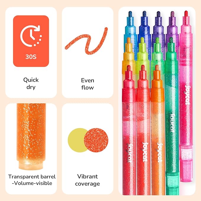 JoyCat 3mm Medium Tip Glitter Markers - 12 Vibrant Colors (Red to Pink) | 3ml High-Capacity Ink | Multi-Surface Paint Pens for Rock, Wood, Fabric, Glass | Gift for Kids DIY Crafts