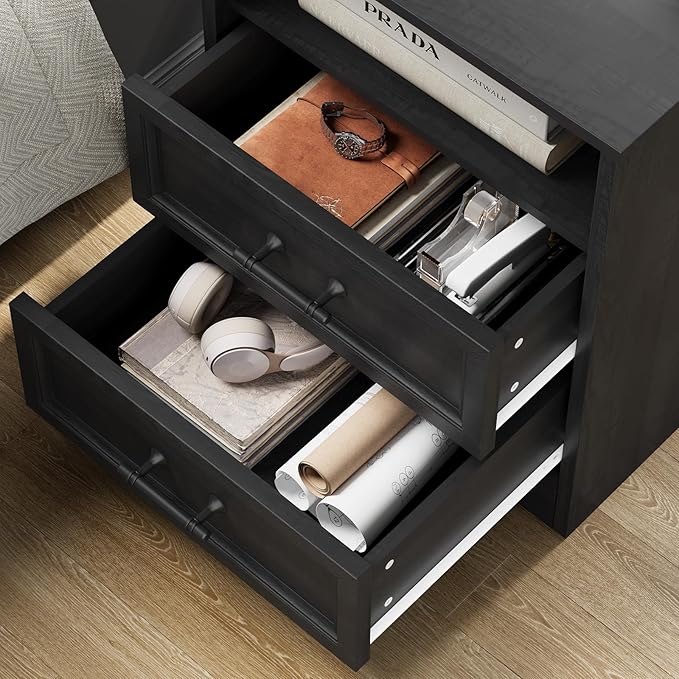 Black Nightstand with Charging Station, Farmhouse End Table with 2 Drawers, Bedside Table with Space-Saving Storage Cabinet, Unique Base Design for Bedroom & Living Room
