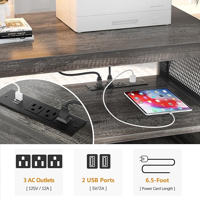 Unikito Rolling File Cabinet Lateral Office Filing Cabinets with Socket and USB Charging Port, Modern Printer Stand on Wheels Printer Cabinet with Door and Open Storage, Lockable, Black Oak