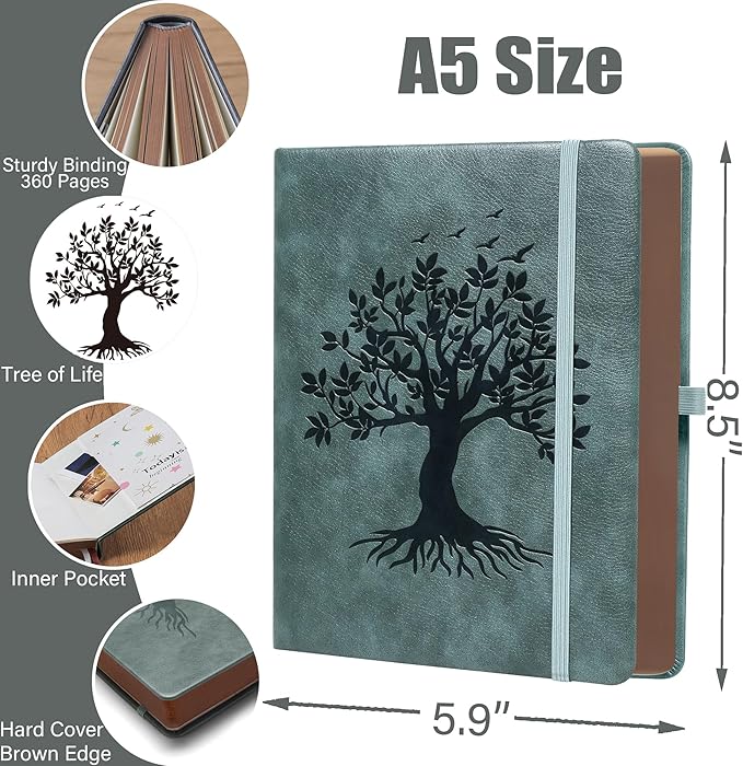 ZXHQ A5 360 Pages Lined Journaling Notebooks with Pen, Journals for Women Men, Tree of Life Design, Fine Inner Pocket - Grey