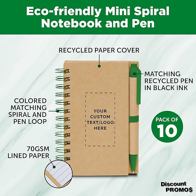 Custom Mini Spiral Notebooks with Black Ink Pens Set of 10, Personalized Bulk Pack - Perfect for School, Office, Business, Home - Green