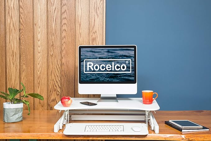 Rocelco 32" Height Adjustable Standing Desk Converter - Sit Stand Computer Workstation Riser - Dual Monitor Retractable Keyboard Tray Gas Spring Assist - Black (R EADRW)