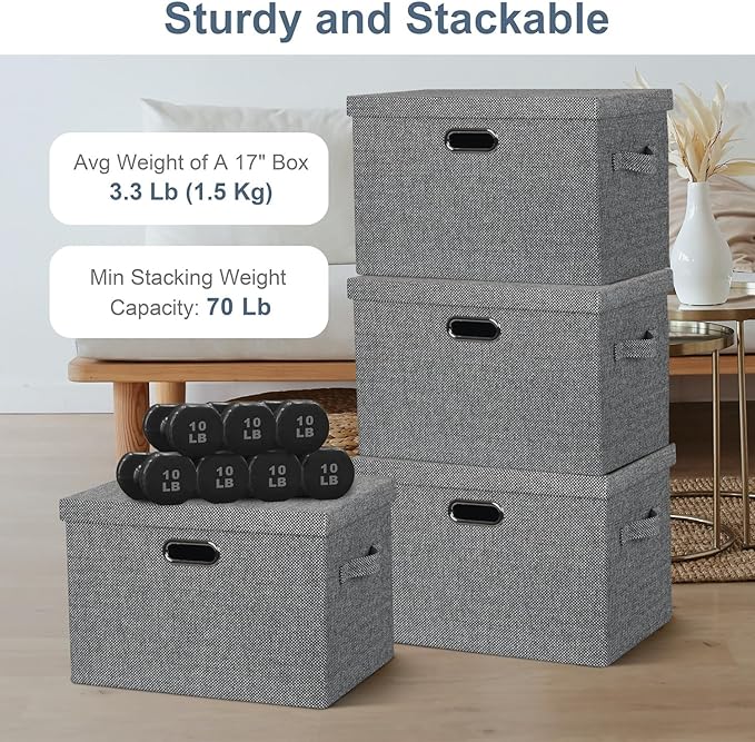 Large 17" 36 Quart Collapsible Stackable Storage Bins with Lids, 3 Packs Black and White Mix Linen Fabric Closet Boxes with Lids, Storage Cube Baskets Container Organizers (17x12x11)