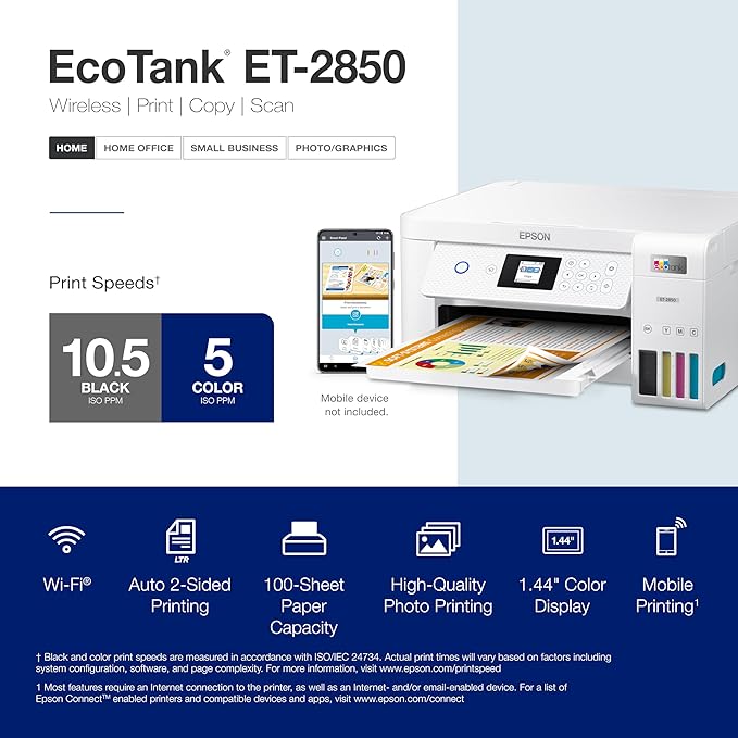 Epson EcoTank ET-4800 Wireless All-in-One Cartridge-Free Supertank Printer with Scanner & EcoTank ET-2850 Wireless Color All-in-One Cartridge-Free Supertank Printer with Scan
