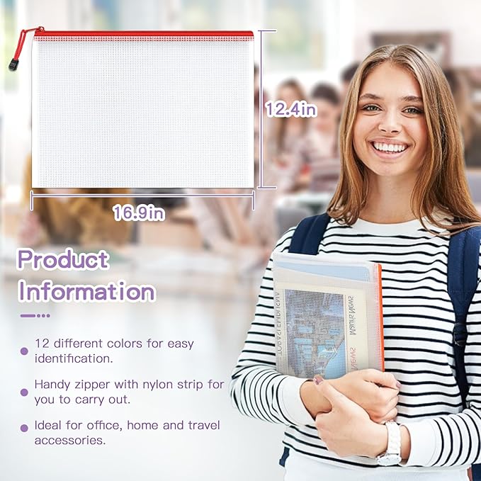 Umriox Mesh Zipper Pouch, 16.9x12.4 in (12 Colors, 36 Packs), Zipper Bags, Board Game Storage Bags, Clear Zipper Pouches for Puzzles, Games, Cross Stitch Projects and Classroom Supplies