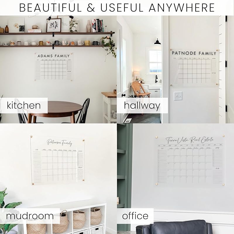 Personalized Clear Acrylic Calendar for Wall, Calendar Whiteboard for Wall, Dry Erase Wall Calendar, Wall Calendar Organizer System for Home (Cursive, White, 47.5"W x 36"H)