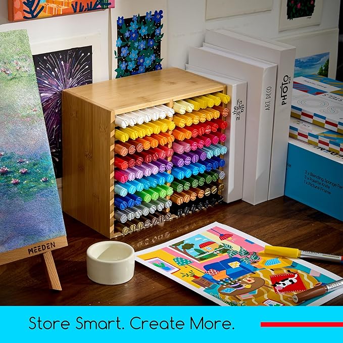 MEEDEN Bamboo Marker Holder Organizer: Holds 126 Pens with 18 Compartments- Art Supply Storage & Holder for Alcohol Markers,Pens,Pencils