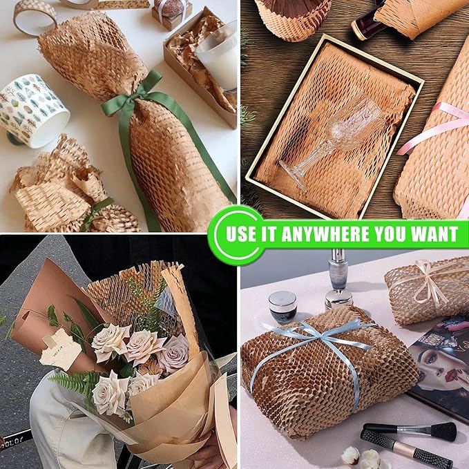 Honeycomb Packing Paper, MINHAO 15"x100' Eco Friendly Packing Paper for Moving Recyclable Honeycomb Paper Moving Supplies Bubble Paper Wrapping Protective Roll, With 36 Fragile Sticker Labels