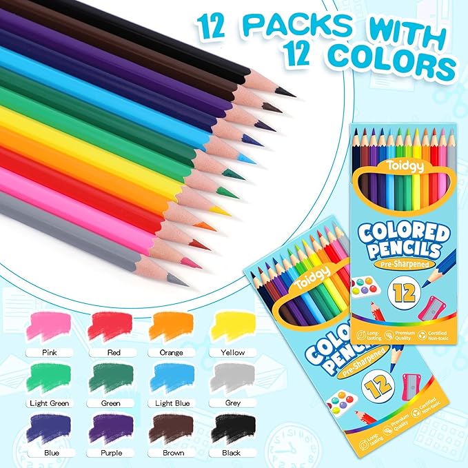 144 Count Colored Pencils for Kids, 12 Packs Colored Pencils Bulk 12 Colors, Pre-sharpened Color Pencils for Adults, Bulk School Supplies for Teachers, Back to School Supplies, Classroom Prizes