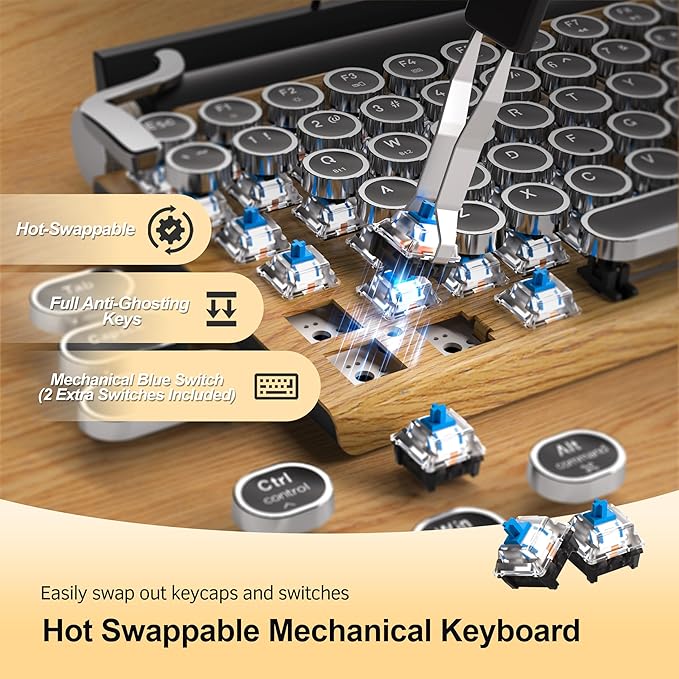 Retro Typewriter Wireless Mechanical Gaming Keyboard, Bluetooth 5.0 Office Computer Vintage Keyboards 83-Key Blue Switches Punk Round Keycap, LED Backlight, Compatible with PC/Laptop/Pad/Phone, Wood