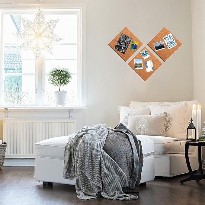 SUNGIFT Cork Boards for Walls - 12" x 12" Corkboard Squares, 1/2" Thick Cork Board Tiles, 6 Pack Wall Bulletin Board with 50 Push Pins for Office, Home Decor