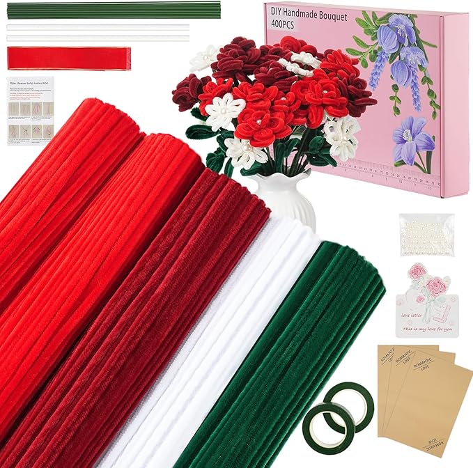 400 Pcs Red Pipe Cleaners for Crafts, 4 Colors Chenille Stems Bulk with Floral Wires, Gardening Tape,Hot Glue Stick,Greeting Card,Bouquet Paper, Pearl & Ribbon, Flowers Craft kit for Christmas