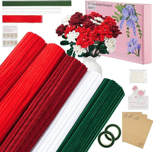 400 Pcs Red Pipe Cleaners for Crafts, 4 Colors Chenille Stems Bulk with Floral Wires, Gardening Tape,Hot Glue Stick,Greeting Card,Bouquet Paper, Pearl & Ribbon, Flowers Craft kit for Christmas