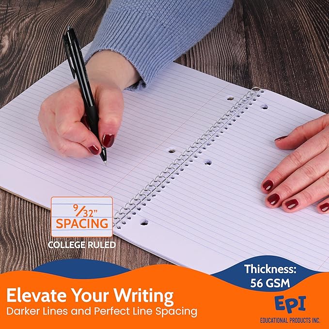 EPI Spiral Notebook | 1 Subject - College Ruled - 70 Sheets, Durable Spiral Binding | 10.5 x 8 in | Classroom Supplies | School, Office, Note Taking, Journaling - 48 Pack