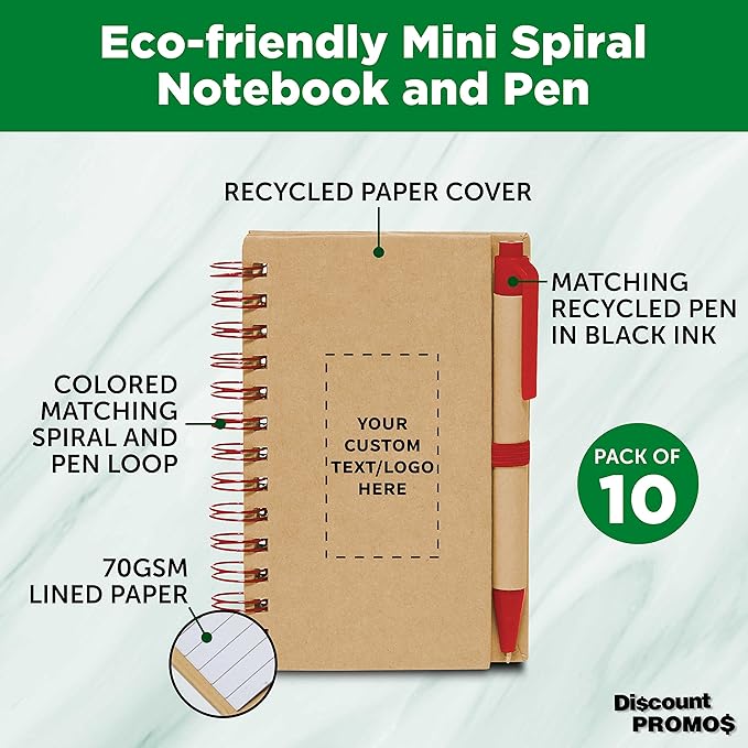Custom Mini Spiral Notebooks with Black Ink Pens Set of 10, Personalized Bulk Pack - Perfect for School, Office, Business, Home - Red