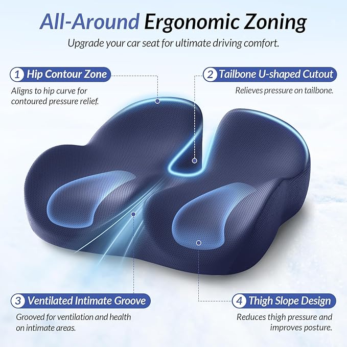 ZIKEE Car Seat Cushion for Driving with Cooling Gel, Ergonomic Memory Foam Seat Cushion for Car Provides Sciatica, Back, Tailbone Pain Relief and Intimate Ventilation, Anti-Slip & Breathable Cover