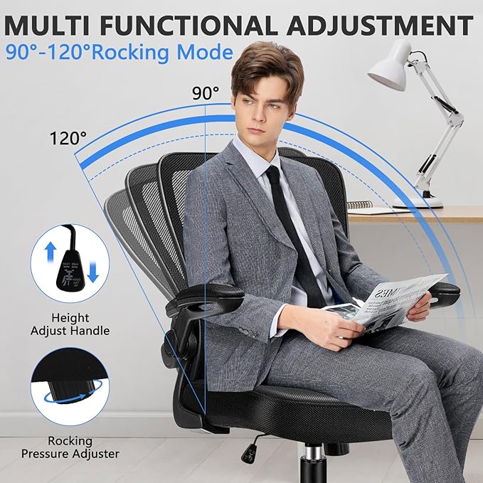 Desk Chairs with Wheels, Ergonomic Mesh Office Chair Adjustable Height and Swivel Lumbar Support Home Office Chair with Flip Up Armrests (1PK)