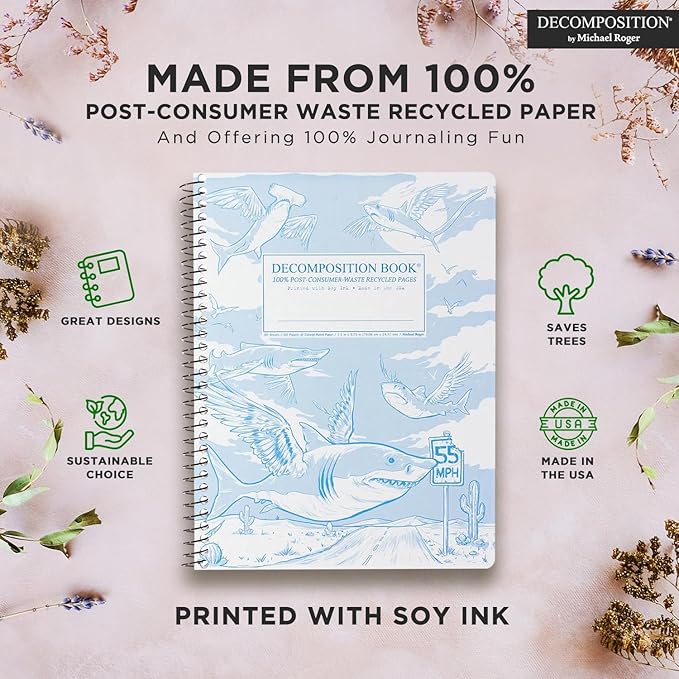 Decomposition Flying Sharks College Ruled Spiral Notebook - 9.75 x 7.5 Journal with 160 Lined Pages - 100% Recycled Paper - Notebooks for School Supplies, Home & Office - Made in USA
