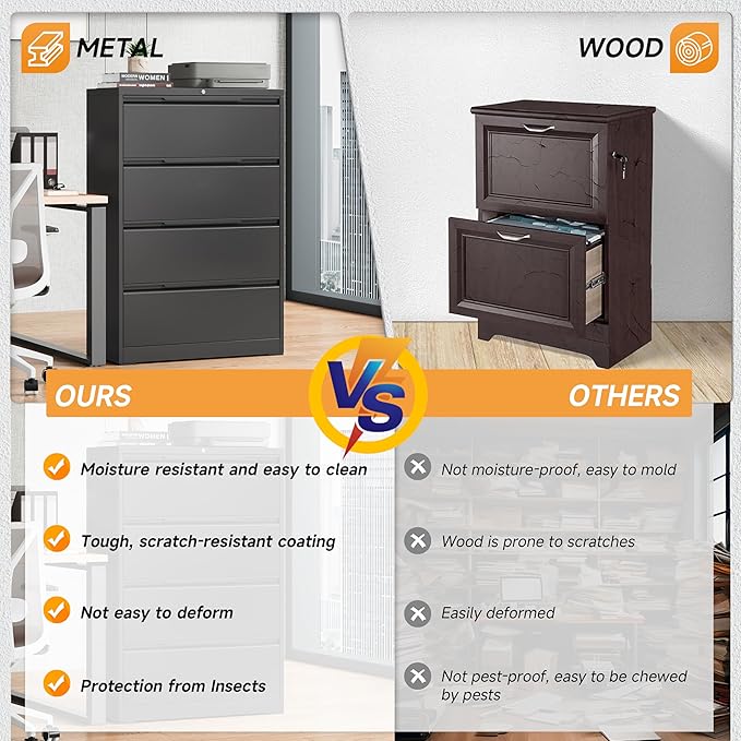 4 Drawer Lateral File Cabinet, Metal Lateral Filing Cabinet with Lock for Hanging Files Letter/Legal/F4/A4 Size, Easy Assemble Black