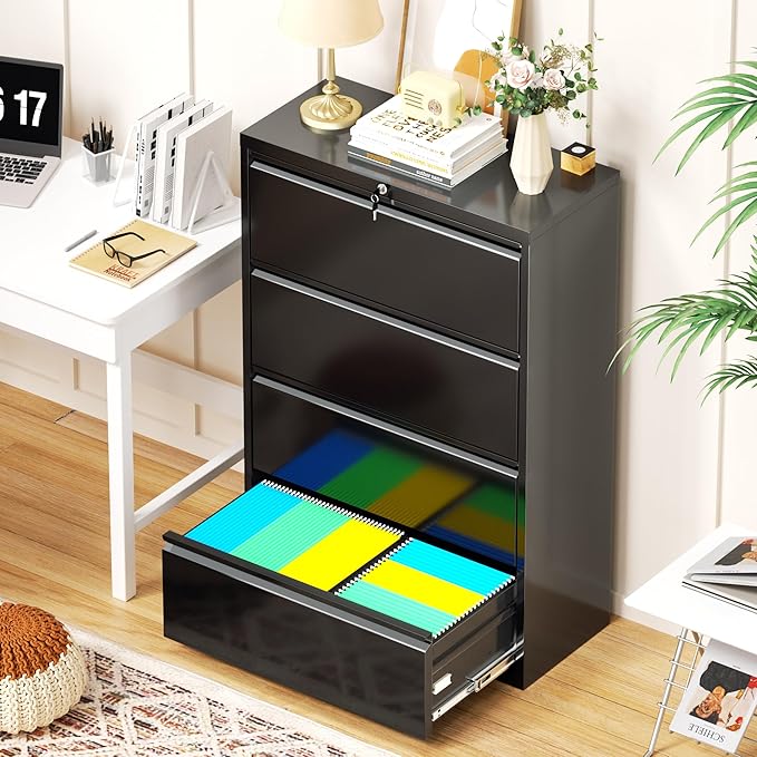 Crownland Lateral File Cabinet with 4 Drawers, 28" W Metal Lockable Office File Cabinets for Home Office- Stores Letter/Legal/A4/F4 Files(Black)