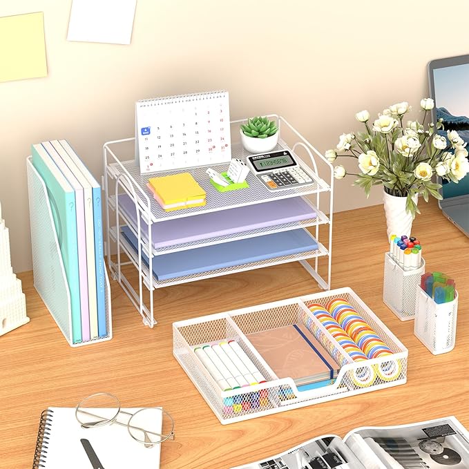 Marbrasse Desk Organizer and Accessories,4-Tier Paper Letter Tray Organizer with File Holder, Desk Accessories & Workspace Desk Organizers with Drawer and 2 Pen Holder (White, 15.4" x 9.1" x 8.3")