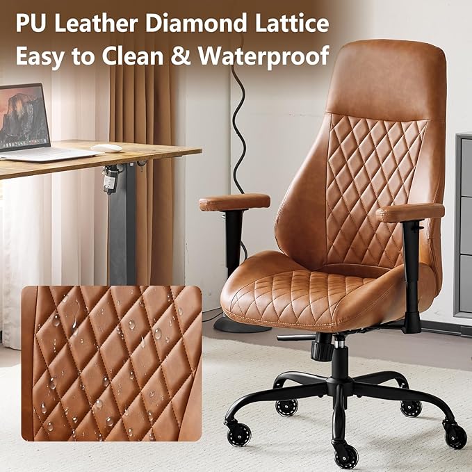 YFO Home Office Desk Chair High Back Office Rubber Casters Ergonomic Computer Chair with Lumbar Support Adjustable Height Rolling Swivel Chair Executive Task Armrests๏ผ Brown Leather