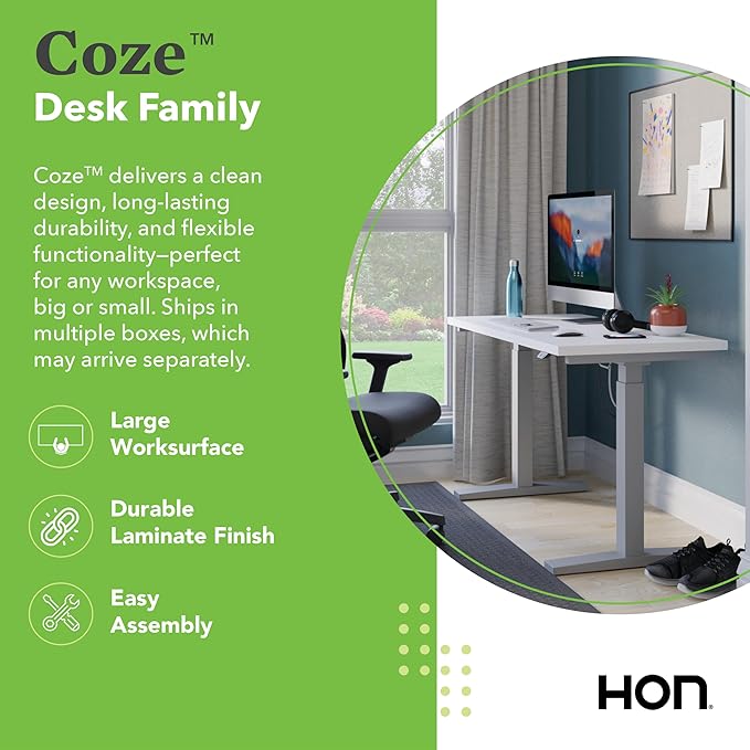 HON Coze Electric Standing Desk Adjustable Height, Coordinate Height Adjustable Desk, 54", White Top, White Base