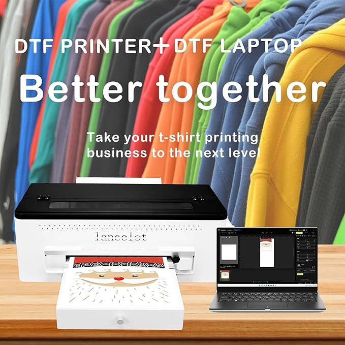 Lancelot A3 L1800 DTF Printer Bundle DTF Printing Machine with Roll Feeder, White Ink Circulation,t Shirt Printers with Film Cutter for DIY T Shirt Business (Printer+Software+Laptop+Consumables)